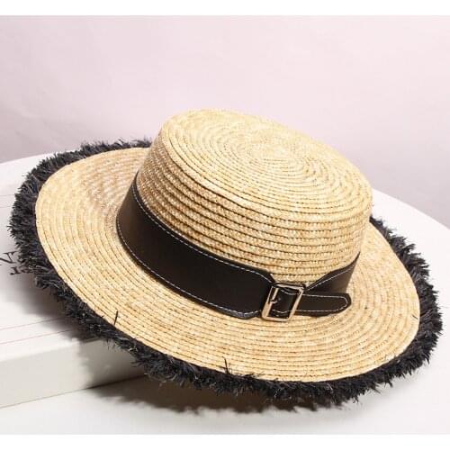 Straw Hat Women Sun Hat Flat Top Big Brim With Leather Beach Hat Outdoor Auti-UV Summer Hat Femal Casual Panama Hat Fedora