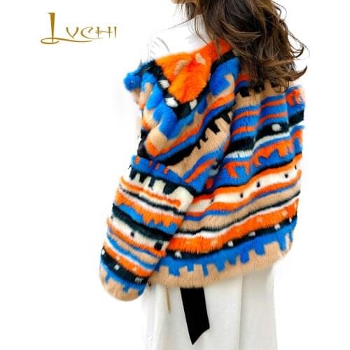 LVCHI 2019 NEW Winter Import Mink Fur Coat Real Fur Coats Women Long Sleeve Contrast Color O-Neck Colorful Short Mink Fur Coats