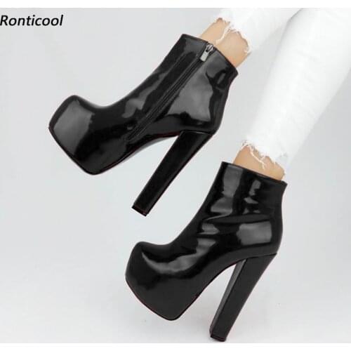 Ronticool Women Winter Platform Ankle Boots Patent Zipper Chunky Heels Round Toe Red Fuchsia Pink Club Shoes Plus US Size 5-20