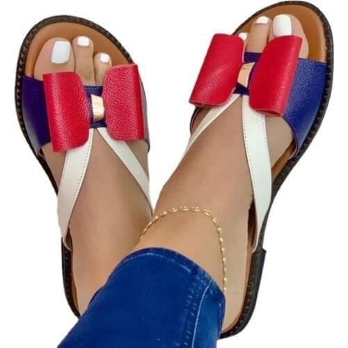 Women Shoes 2021 Summer Women Fashion Flat Color Blocking Bowknot Large Size Sandals Slippers PU Beach Outdoor Slides