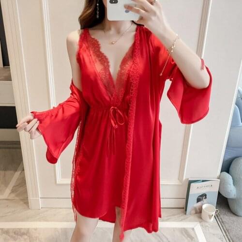 Sexy Womens 2PCS Pajamas Set V-Neck Lace Nighties Wear Home Negligee Nightwear Lingerie Pijama Spring Robe Gown Suit Sleepwear