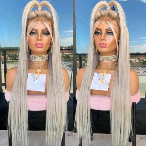 Ash Blonde Synthetic Lace Front Wigs for Women Ombre Blonde Long Straight 24inch Pre Plucked Heat Resistant Lace Wigs Daily Use