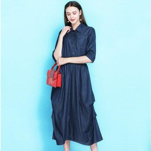 England Style Half Sleeve Asymmetrical Hem Ladies Denim Dresses Lapel Elastic Waist Mid Calf Length 100% Cotton A-Line Dresses