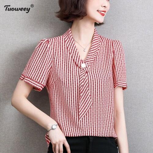 2021 Summer short Sleeve striped Women Blouses and Tops Casual Vintage ruffle Neck Women Shirts Elastic Female Clothing Blusas