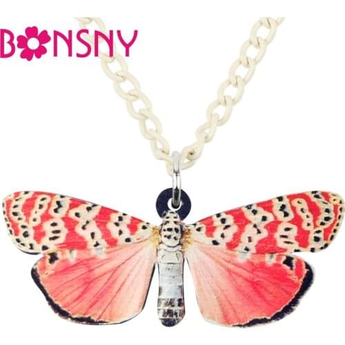 Bonsny Acrylic Pink Spotted Butterfly Necklace Pendant Collar Choker New Fashion Insect Jewelry For Women Girls Teens Wholesale