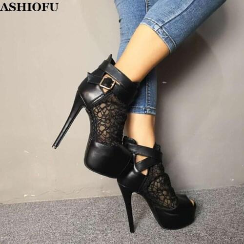 ASHIOFU Handmade Women High Heel Pumps Air-mesh Sexy Party Peep-toe Dress Shoes Buckle Strap Evening Fashion Court Shoes