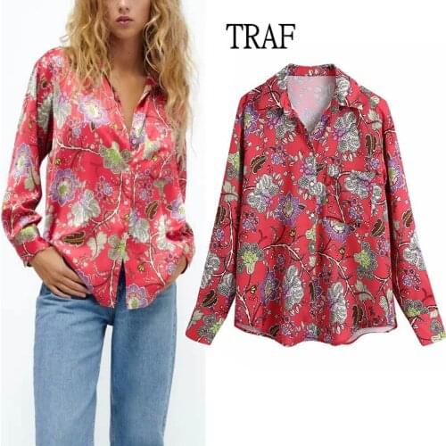 TRAF Za Blouses Women Top 2021 Vintage Print Long Sleeve Shirt Summer Women Clothing Blouses Casual Button up Shirt Chic Tops