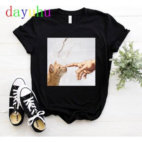Cat Funny Cartoon Kawaii T Shirt Women Cute Anime Harajuku Graphic T-shirt Ullzang Summer Oversized Tshirt Casual Top Tee Female