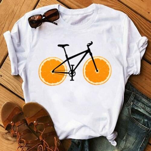 Orange Donut Bicycle T Shirts Women Soft Funny T Shirt Kawaii Clothes Graphic Tees Women White Tops