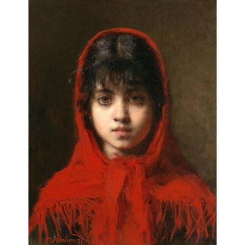 Canvas Oil Painting Female Portrait Art Picture Young Girl in a Red Shawl by Alexei Alexeivich Harlamoff Painting Hand Painted