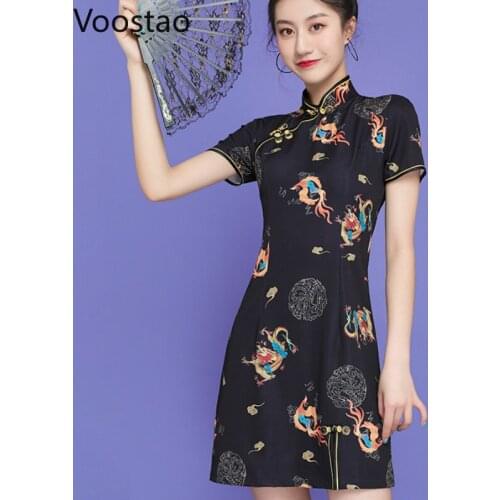 Chinese Style Harajuku Phoenix Print Cheongsam Mini Dress Women Elegant Vintage Slim Party Club Dresses Girls Black Slit Dress