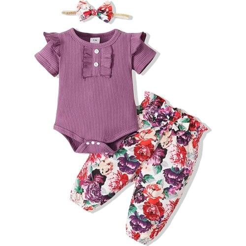 Newborn Infant Baby Girl Clothes Romper Onesie Floral Pant Outfits Set Cotton Baby Girl Clothes Baby Girls' Pant Sets Purple