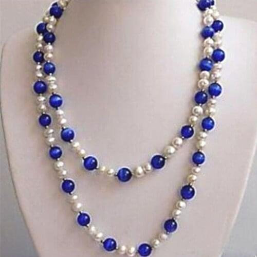 Beauty white freshwater cultured pearl blue opal cat eyes round beads necklace for women high grade party jewelry 51inch MY5271
