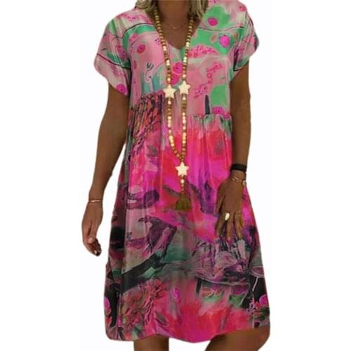 Hot Sales!! Women Dress Retro Printing Cool Vintage Women Short Sleeve A-Line Dress for Beach