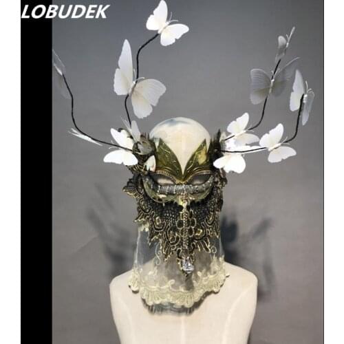 Halloween Party Rhinestones Mesh Masks Masked Singer Prom Black White Butterfly Metal Mask Nightclub Bar DJ Dancer Accessories