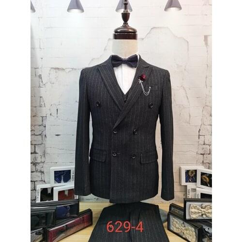 KINGSMAN Double Breasted Suit Men Slim Fit Black Striped Suits For Men Elegant Formal Bsuiness Wedding Suits High Brand costumn