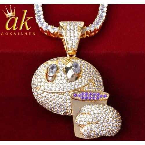Purple Color Smiley Face Cup Iced Pendant Necklace Chain Cubic Zircon For Women Initial Jewelry