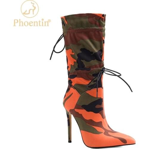 Phoentin Camouflage stilettos boots super high heels 11cm lace up womens autumn ankle boots zip night club shoes woman FT1044