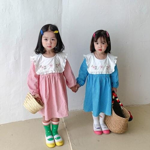 Embroidered large lapel Plaid girls dress cotton Korean version foreign style childrens dress princess dress kids clothes
