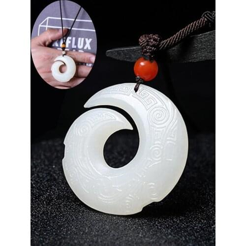 Real Hetian Jade Good Luck Necklace Pendant Hand Carved White Jade Gemstone Lucky Amulet Best Gift for Men and Women