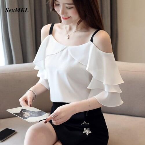SexMKL Sexy White Chiffon Blouses Woman 2020 Women Casual Off Shoulder Tops Ladies Blusa Summer Blouse Femme Shirt Camisas Mujer