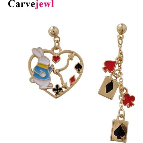 Carvejewl Alice Dream rabbit enamel glaze Dangle Earrings Poker Card Asymmetrical Earring Long heart earring new Fashion Jewelry