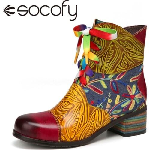 SOCOFY Womens Boots Elegant Colorful Embroidered Splicing Comfy Round Toe Leather Chunky Heel Short Boots Color Shoelace Shoes