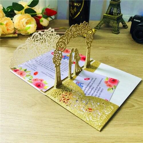 50x 3d Wedding Invitations Cards Glitter Invitations hollow gold silver rose gold bridal shower Invites Customized Invitations