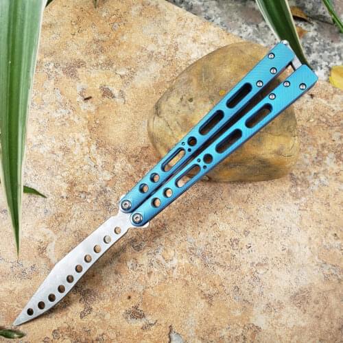 Theone Water Lake Blue Titanium Handle EX-10 Butterfly Practice Swing Knife 440C Blade Camping Hunting Survival Self-Defen Tool
