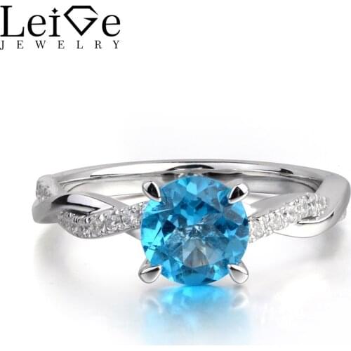 Leige Jewelry Natural Swiss Blue Topaz Gemstone Round Cut Wedding Romantic Rings 925 Sterling Silver November Birthstone