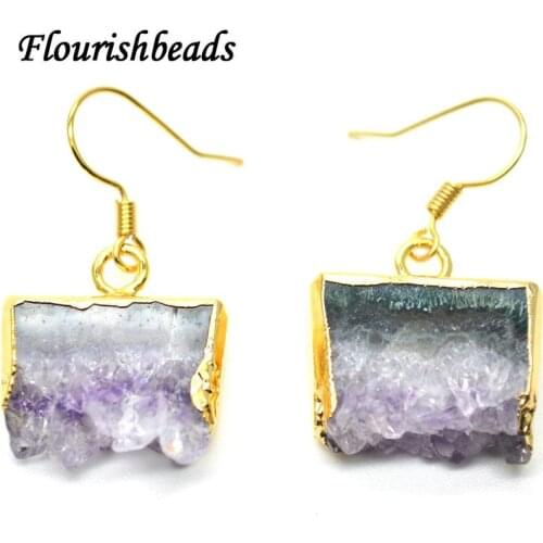 Natural Druzy Amethyst Square Shape Stone Dangle Earrings Fashion Woman Party Jewelry