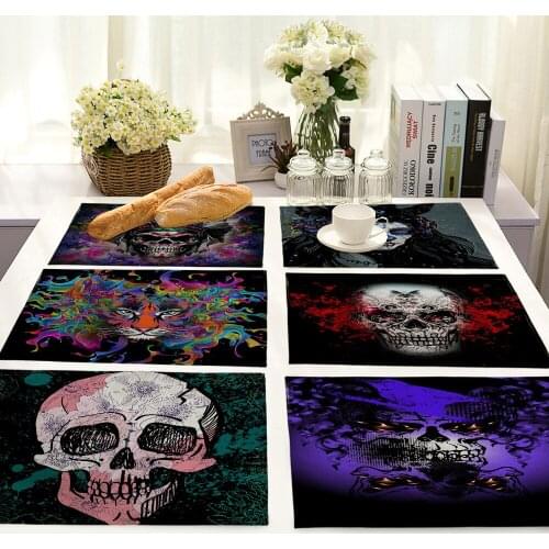 Halloween Colorful Horror Skull Placemat Festive Punk Slip Insulation Cotton Linen Mat Kitchen Accessories 42x32cm