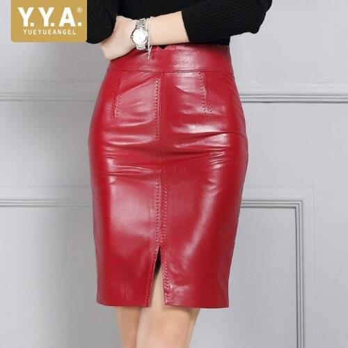 New Fashion Women High Waist Skirts Female Genuine Leather Sheepskin Saia Falda Multi Color Knee Length Skirt Plus Size