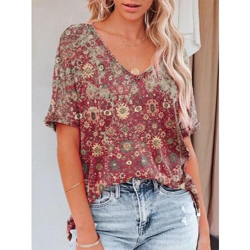 Womens Fashion V-neck Floral Print Short Sleeve T-shirt Summer Casual Feather Lace Lace Sleeve Ladies Tops T-shirt Femme