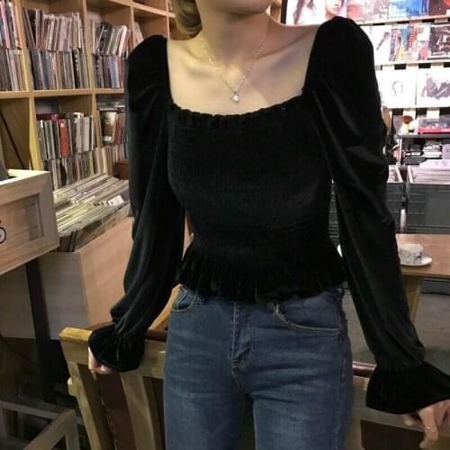 Ladies Velvet Lolita Gothic Tops Puff Sleeve Flared Off Shoulder Vintage