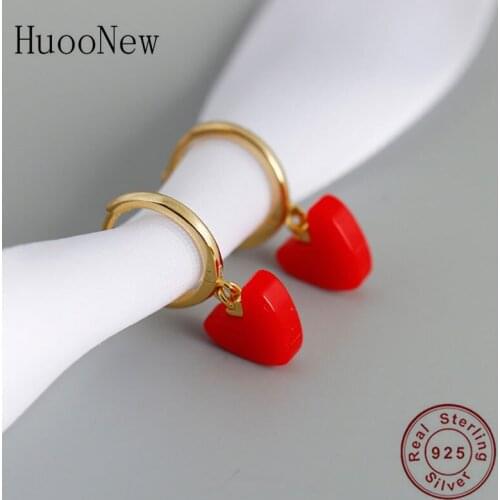 925 Silver Korean Simple Round Circle Gold Color Golden Red Heart Hoop Earring For Women Pendientes Geometric Brinco Oorbellen