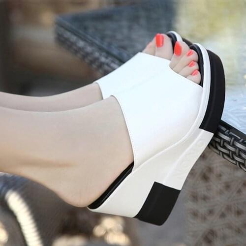 Women Genuine Leather WedgeShoes Sandals High-heeled Sandals Outside The Thick Bottom Drag Women