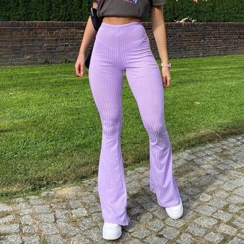 2021 Women Autumn New Purple Knitted Long Trousers Stretch Flare Pants Solid Color High Waist Skinny Casual Pants Streetwear