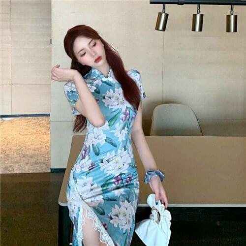 Chinese Style Cheongsam Lady Vintage Orchid Print Dress Sexy High Split Lace Long Qipao Modern Robe Orientale Plus Size