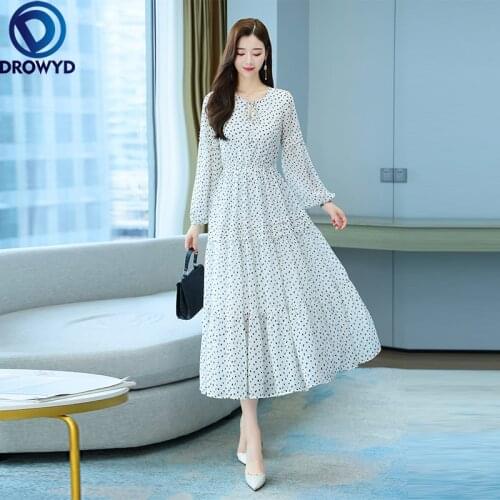 2021 Autumn Beach Boho Elegant Round Collar Dots Printed O-neck Long Sleeve Chiffon Long Dress for Women Elegant Party Vestidos