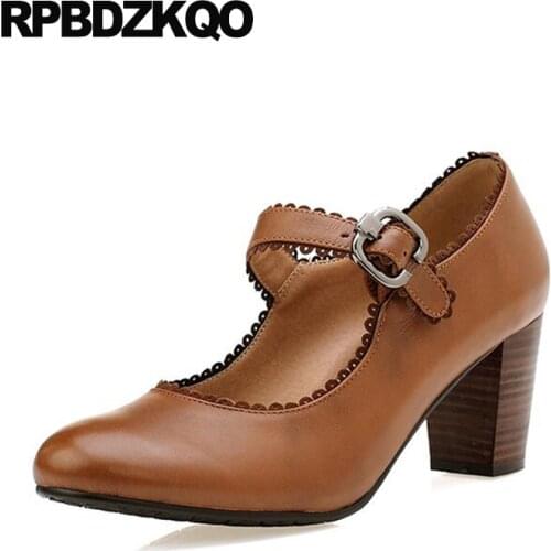 2017 Plus Size Round Toe Pumps Brown Small Wooden Mary Jane Female Strap Elegant 4 34 Block Ladies High Heels Shoes Women Retro