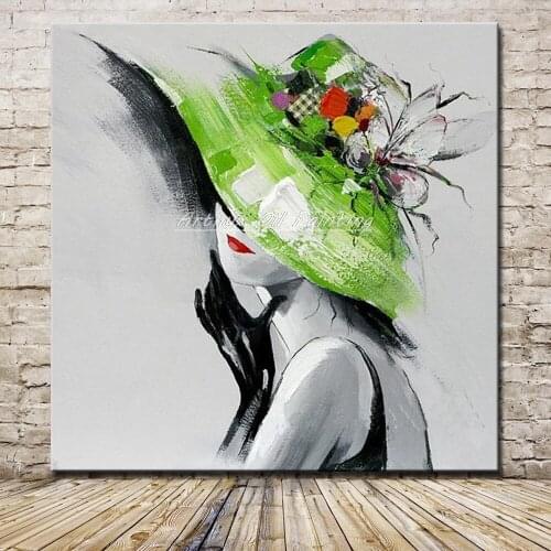 Arthyx Pictures Hand Painted Modern Abstract Figure Oil Paintings On Canvas Girl Wear A Straw Hat Wall Art For Living Room Decor