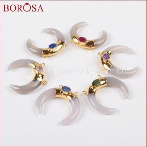 BOROSA 10 pcs Druzy Tribal OX Horn Shape Gold Color Grey Crystal & Oval Rainbow Crystal Druzy Connector Double Bails G1102