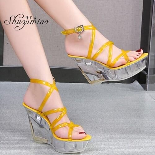 Shuzumiao Brand Elegant Ladies Sandals Wedge Sexy High Heels 10.5cm Cross Strap Women Shoes Summer New Crystal Platform Sandals