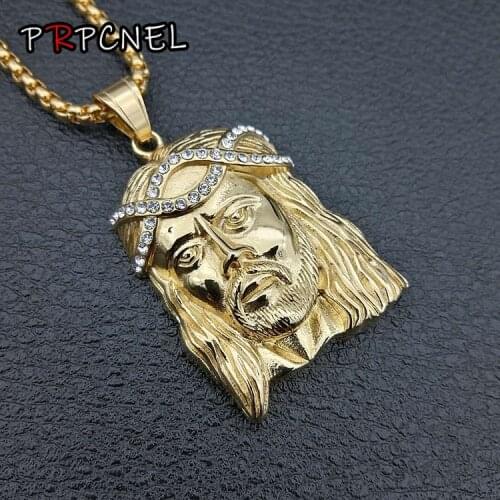HIP Hop Gold Color JESUS Piece Head Face Pendants Necklaces with zircon Stainless Steel Chain Collier for Men Christian Jewelry