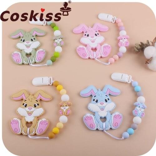 Coskiss 1set Baby Silicone Pacifier Chain BPA-Free Personalized Name Handmade Pacifier Clips Baby Cartoon Rabbit Teether Chain