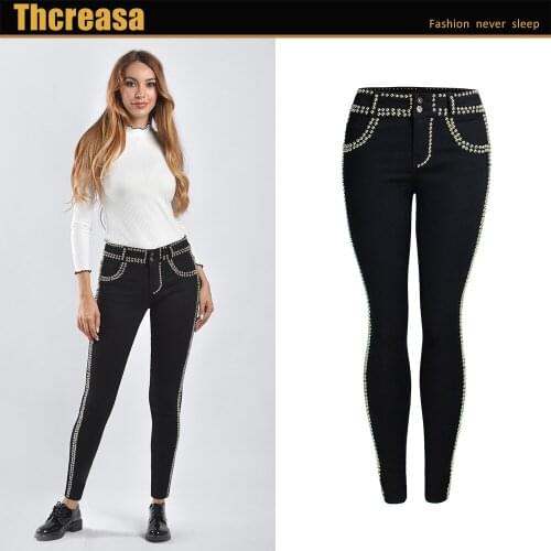 Jeans Womens Pure Black Jeans Leggings New Heavy Industry Full Bead Rivet Original European and American Jeans