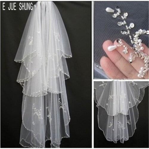 E JUE SHUNG Shiny Bead Edge Bridal Veils Short Wedding Veils Two Layers White Ivory Pearls Tulle Wedding Accessories Handmade