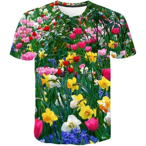 Mens Streetwear New Summer 3D Pink Tulip Flower T-shirt Casual 3D Printing T-shirt Plant Flower S-6XL
