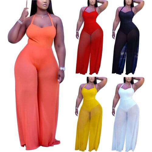 Hirigin Mesh Patchwork Jumpsuit Women Wholesale Bodysuit Wide Leg Birthday Sexy Club Outfits One Piece Jumpsuit Summer 2021 New
